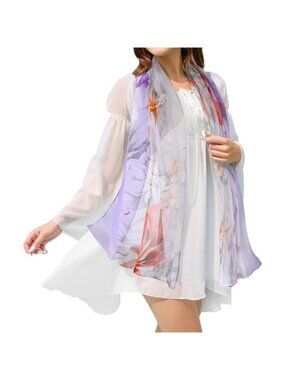 Women's Grey Purple Fashion Lightweight Head Scarf Floral Print Chiffon Scarves